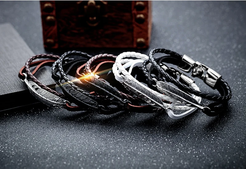 NIUYITID Feather Bracelet Man Leather Alloy Metal Charm Braslet For Men Handmade Friendship Bracelets & Bangles (8)