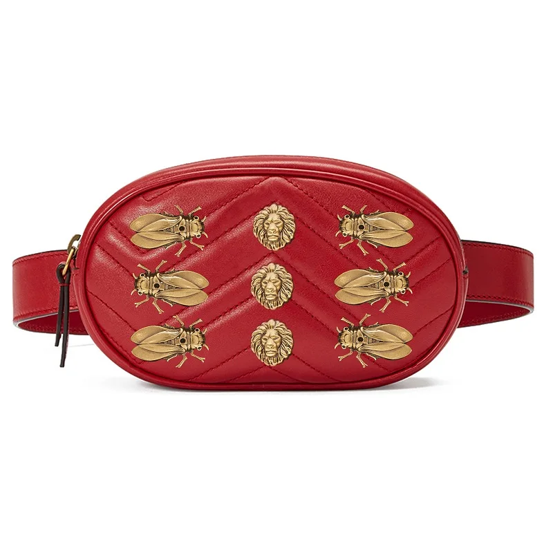 Caker, женская сумка на пояс с блестками, Пчелой, бабочкой, с ремнем, с заклепками, вышивка V, Алмазная решетка, в форме сердца, круглая сумка на плечо - Цвет: Red bee lion 19