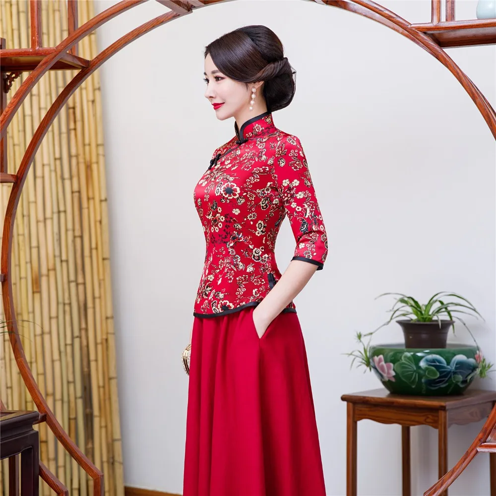 Шанхай история цветочный Cheongsam рубашка Qipao топ с рукавом 3/4 Китайский традиционный топ из искусственного шелка китайская блузка для женщин