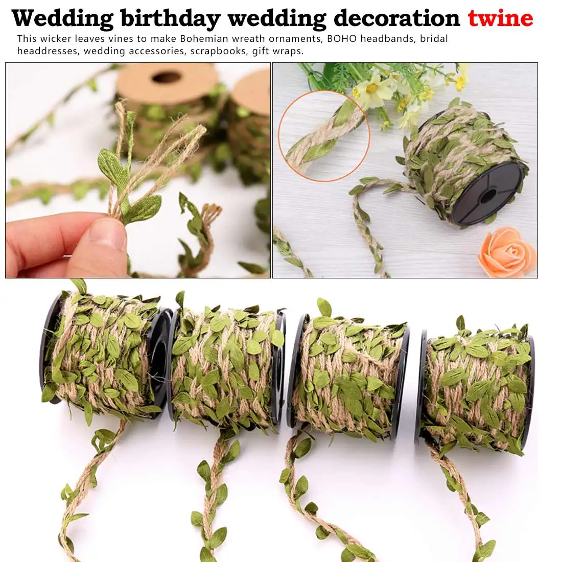 

2M 5M Simulation Green Leaves Weaving Hemp Rope DIY Wedding Birthday Wedding Decoration Rattan Gift Bouquet Packaging Rope 5mm