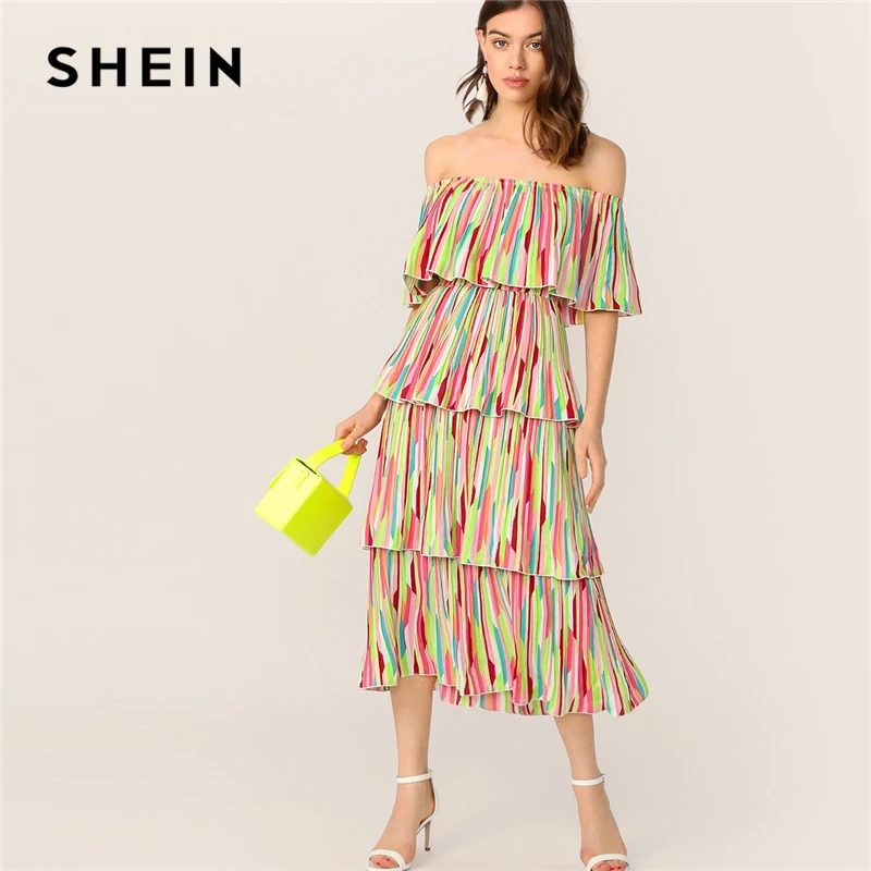 SHEIN летнее платье в разноцветную полоску, с открытыми плечами, с многослойной оборкой, женские элегантные вечерние платья