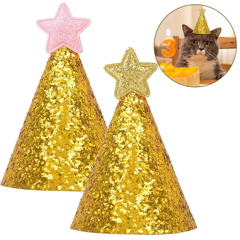 

2Pcs/set Sequin Gold Pet Bithday Hat Pet Dogs Caps Stars Cat Dog Birthday Costume Design Headwear Cap Hat Christmas Party Pets