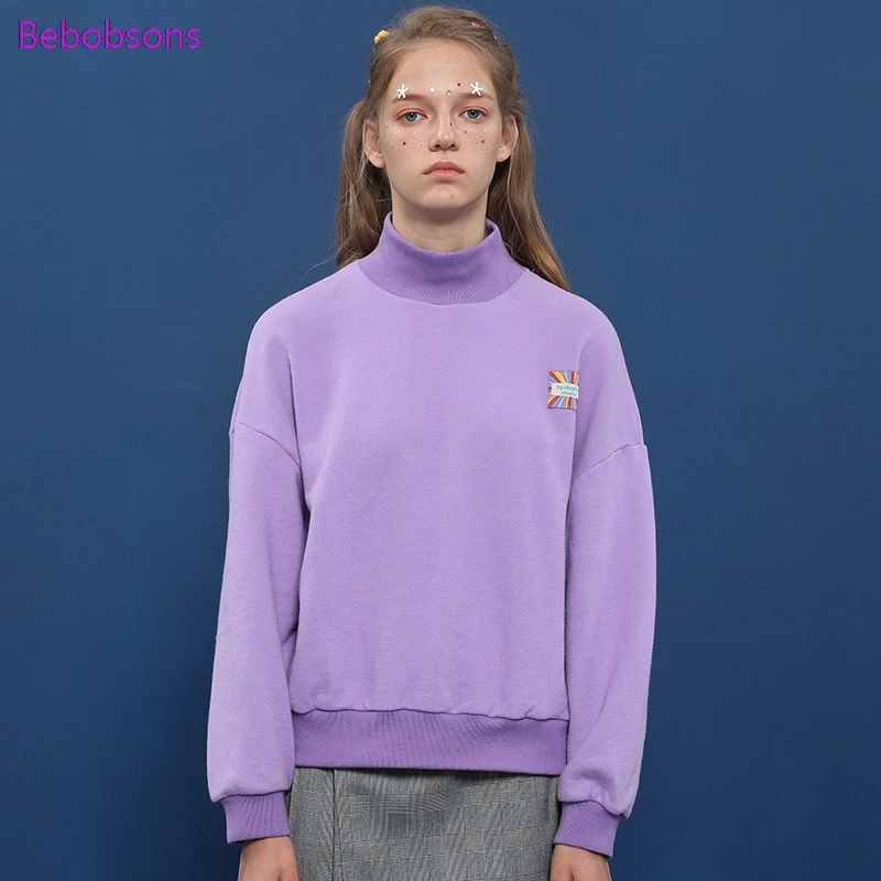 

Casual Sweet Long Sleeve Women Sweatshirts Soild Purple Patch Design Female Autumn Pullover Tops Terry Cotton Preppy Style 2017