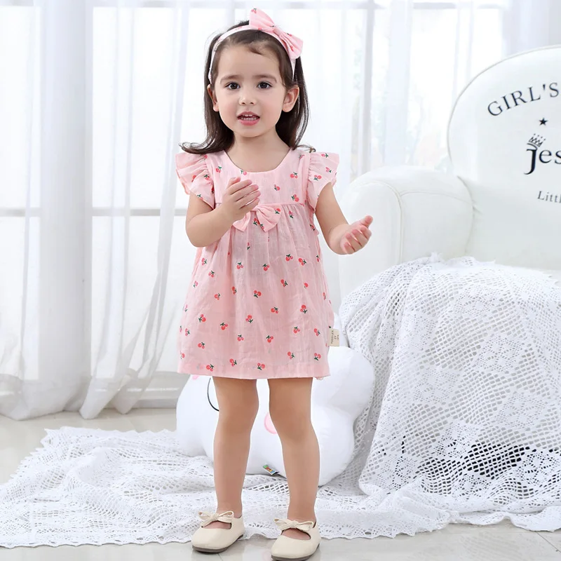 

Cute Style Girl Dress Pink Cherry Print Kids Infant Cotton Baby Children Summer Clothes With Bow Hairband Dresses for baby girl