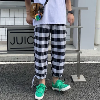 

2019 Summer Men Casual Loose Lattice Wide Leg Haren Pants Elastic Waist Bound Feet Straight Plaid Trousers Homme Plus Size M-5XL