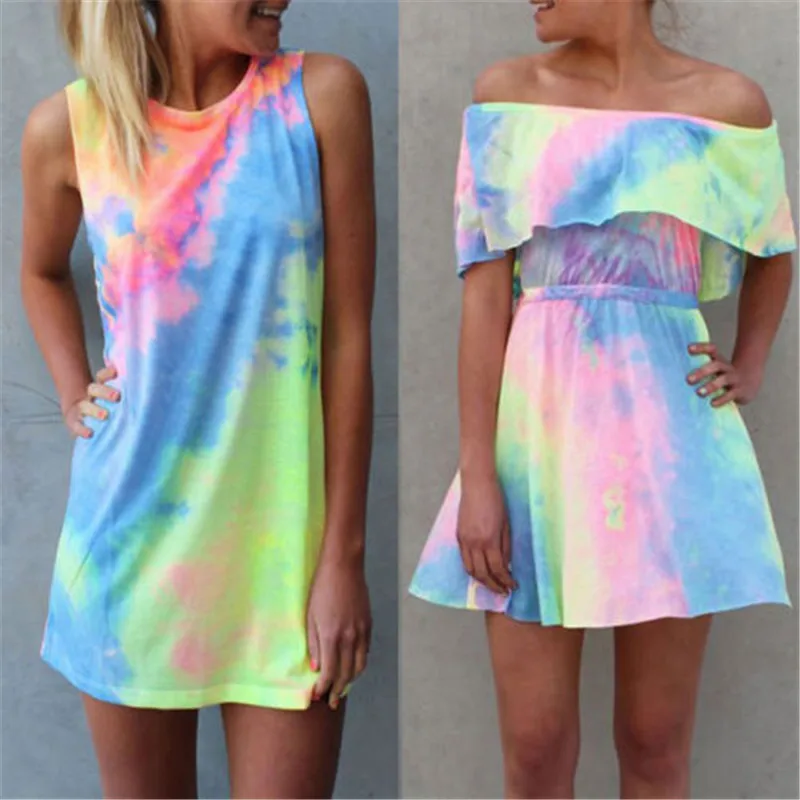 

Popular Fashion Gradient Causal Women Lady Sleeveless Vest Mini Dress Summer Casual Prom Party Loose Tunic Shirt