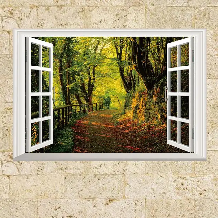 3D Fake Window Forest Scene Wall Sticker for Kids Rooms Bedroom Living