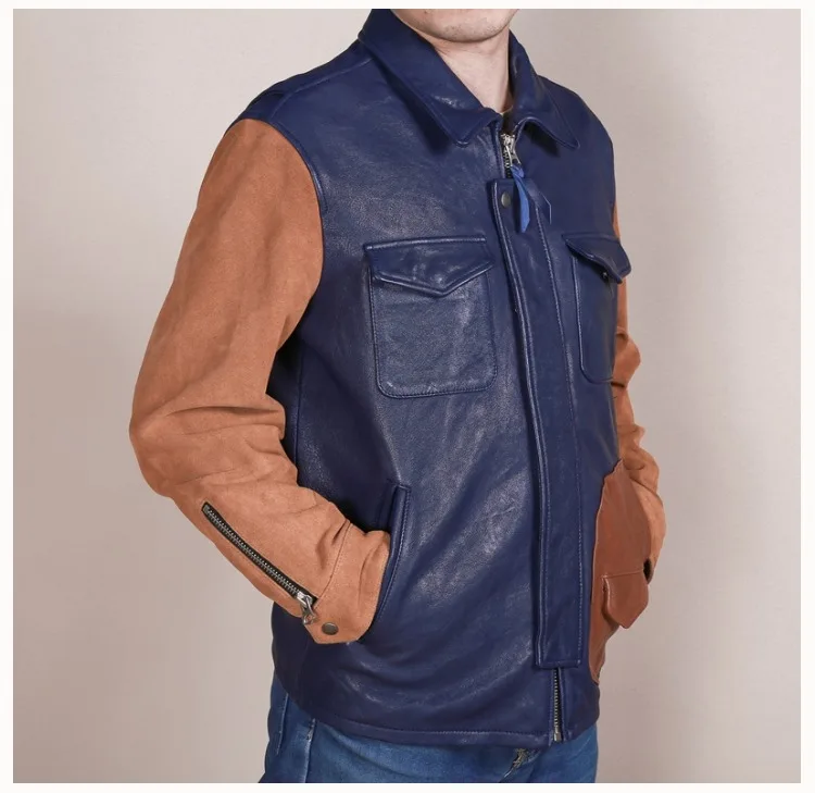 new arrivals men's patchwork genuine leather jacket contrast color fashion leather jacket men suede leather coat male