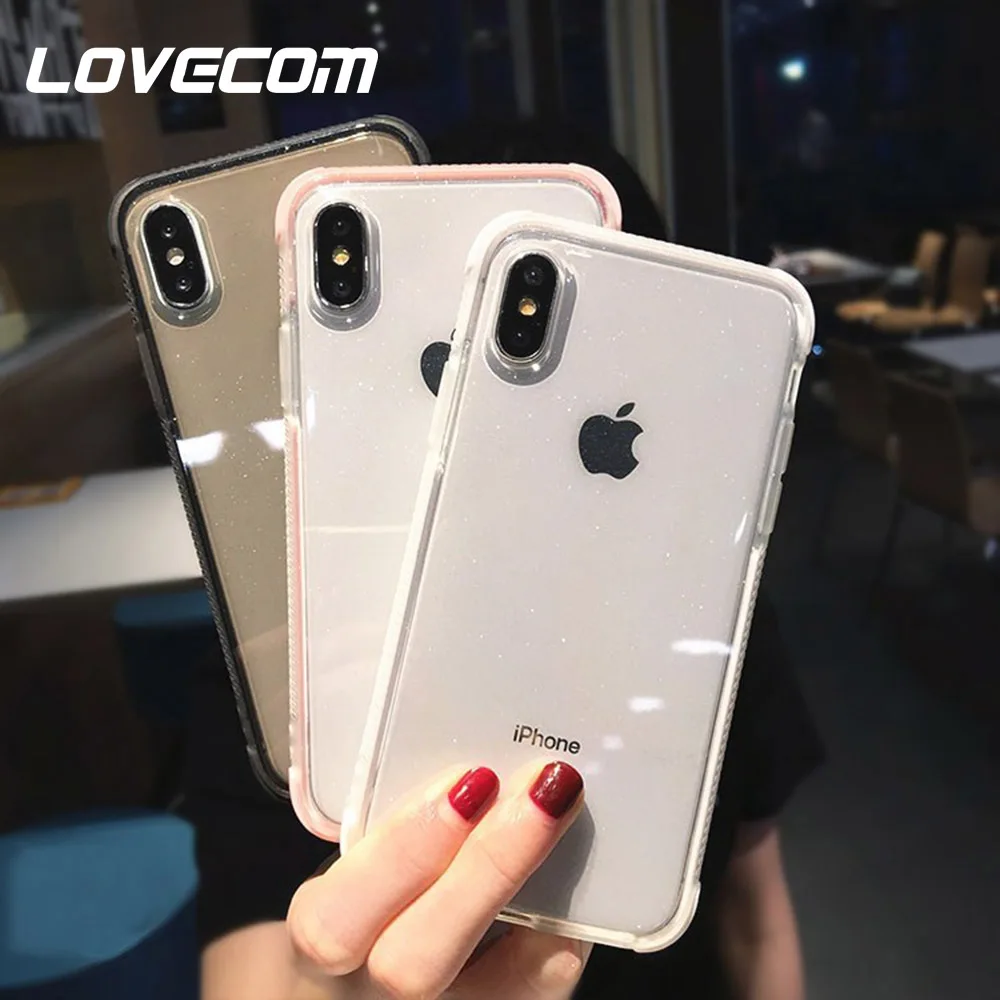 

LOVECOM Glitter Powder Phone Case For iPhone X XR XS Max 6 6S 7 8 Plus 5 5S SE Transparent Soft Shockproof Shining Back Cover