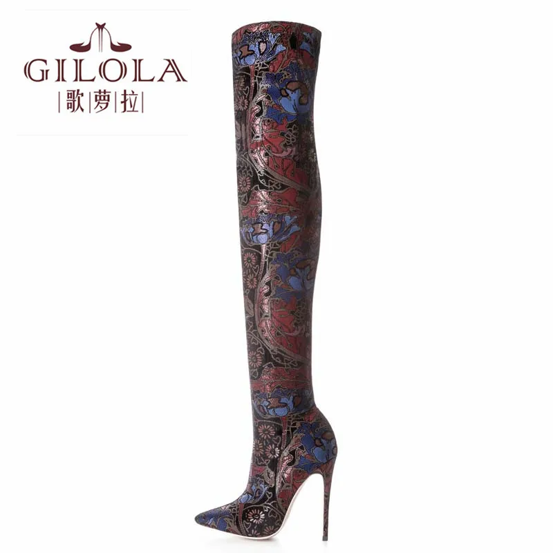 

GILOLA 12cm High Heels Women Boots Flowers Over The Knee Boots Fashion Long Women Shoes Woman #Y0309726Q