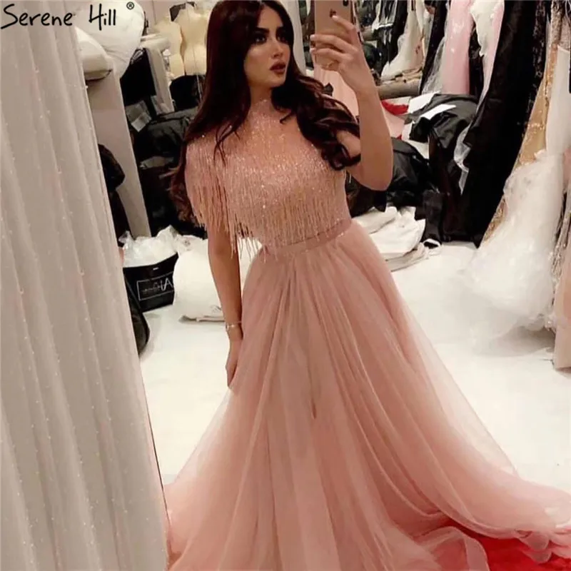 Розовые короткие без рукавов с кисточками и бисером вечерние платья новейший дизайн с высоким воротником тюлевые вечерние платья Serene Хилл LA60997