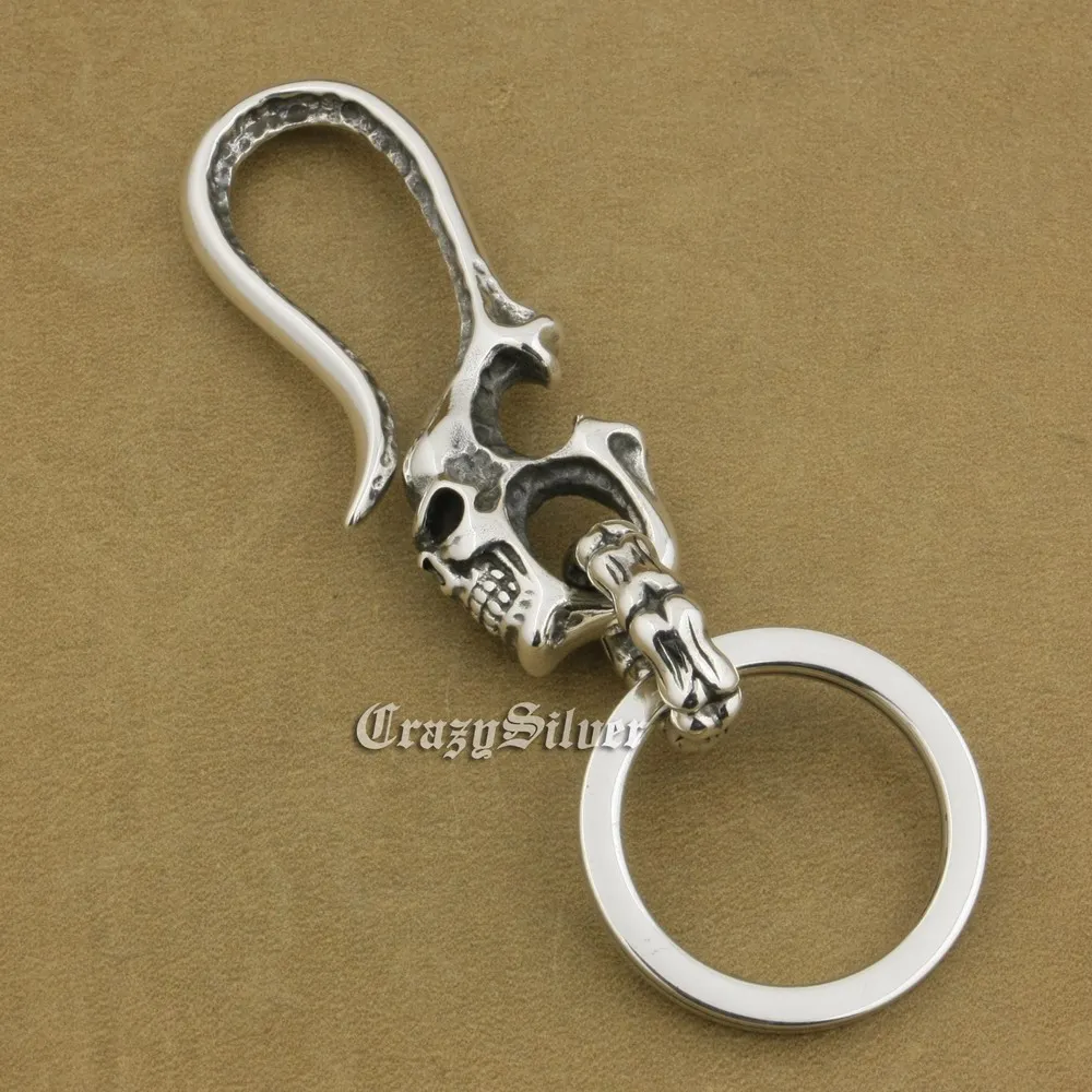 LINSION 925 Sterling Silver Skull Hook KeyRing Mens Biker Rock Punk Keychain Belt Clip TA10 LINSION 925 Sterling Silver Skull Hook KeyRing Mens Biker Rock Punk Keychain Belt Clip TA10