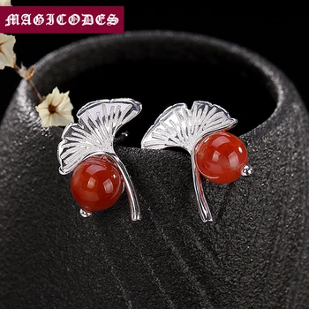 

Ladies Stud Earring 100% 925 Sterling Silver Women fashion Mosaic agate Bead Ginkgo biloba Earring Jewelry 2019 statement E06