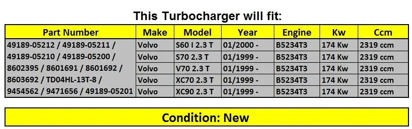 Для Volvo XC70/XC90 2,3 T B5234T3 174 кВт 1999-турбокомпрессор 49189-05212 Полный турбо TD04HL-13T-8 9454562/9471656 49189-05201