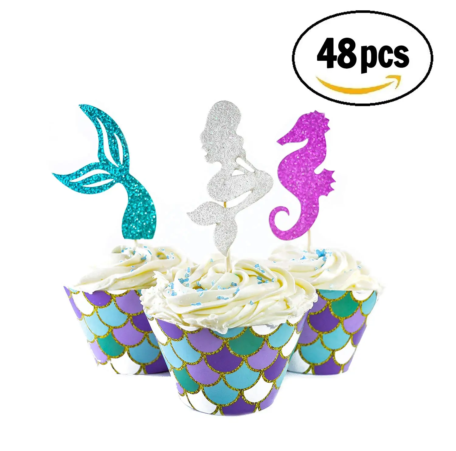 

METABLE 48 pcs Mermaid Cupcake Topper Under The Sea Theme Party Favors, Mermaid Tail, Seahorse Food Pick, Scale Cupcake Wrapper