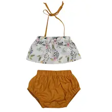 Новая модная детская одежда для малышки, хлопковый топ без рукавов с цветочным принтом, жилет желтые шорты комплект одежды из 2 предметов для детей
