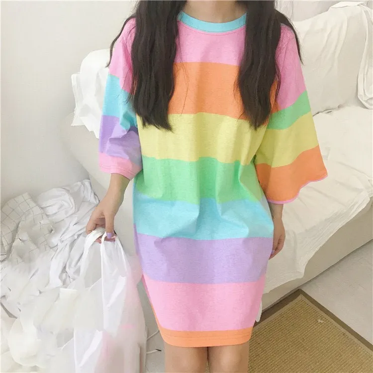 

2019 Women Korea Kawaii Striped T-Shirt Summer Casual Streetwear Plus Size T Shirt Loose Rainbow Tee