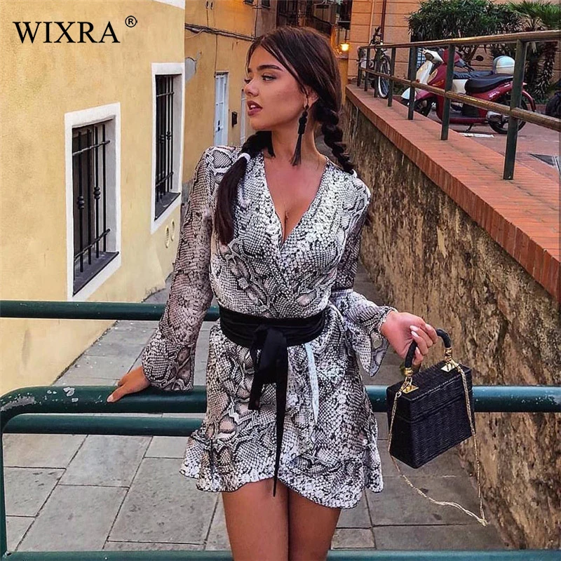 

Wixra 2019 New Summer Sexy Snakeskin V-Neck Short Dress Ruffles Loose Dresses Mini Dress Womens Clothing For Women
