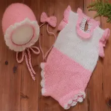 Вязаные для новорожденных девочек кружевной комбинезон Комплект трикотажный Девушки кружевной капор Tieback комбинезоны для новорожденных наряд повязка и аксессуары для волос