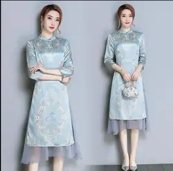 Новое поступление!! Современное китайское платье, винтажное платье с цветочным принтом, шелковистый Стиль чонсам, натуральное платье в