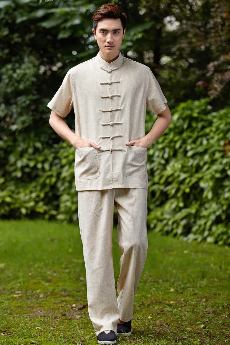 Китайский традиционный мужской однотонный лен с короткими рукавами Shadowboxing кунг-фу куртка костюмы наборы WNS201506