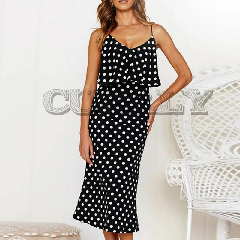 

CUERLY 2019 Sexy Spaghetti Strap Satin Midi Dress Women Summer Casual Polka Dot Bodycon Dress Female Leopard Print Slim Vestidos