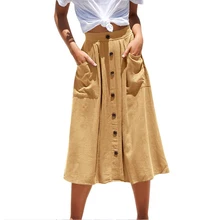 Осень лето модная повседневная женская Однотонная юбка с высокой талией однобортная юбка средней длины с карманами и пуговицами для женщин Горячая распродажа