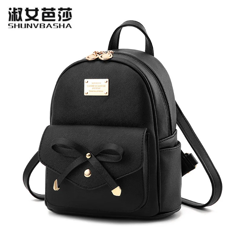 Pu Leather Women Backpacks Cute Bag Bow Kids Mini Backpack School Bags for Girls Black Ladies ...