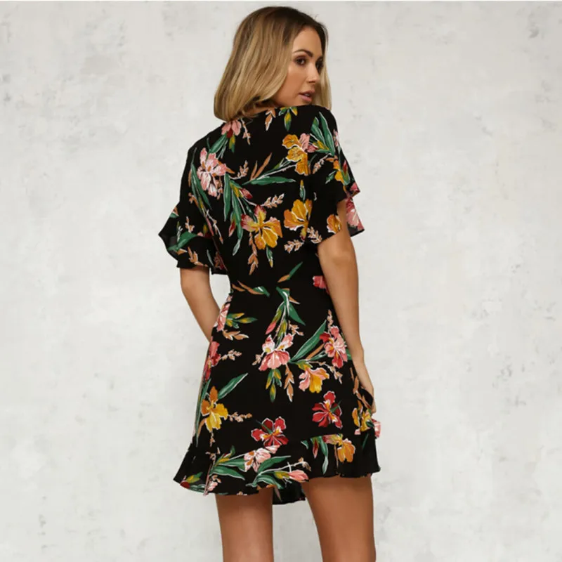 

New Women Bohemian Floral V Neck Mini Dress Party Evening Summer Beach Dress Sundress Lady High Waist Ruffle Dress