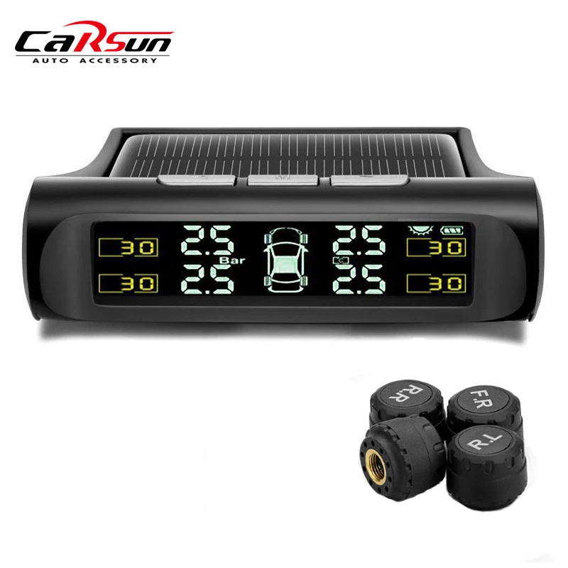 

Solar Energy TPMS Car Tire Pressure Monitoring Alarm System Real Time Digital Display Wireless Warning with 4 External Sensors