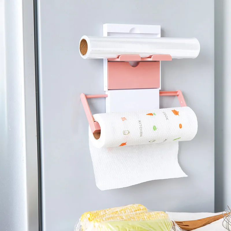 Retractable multi layer kitchen saran wrap towel storage rack