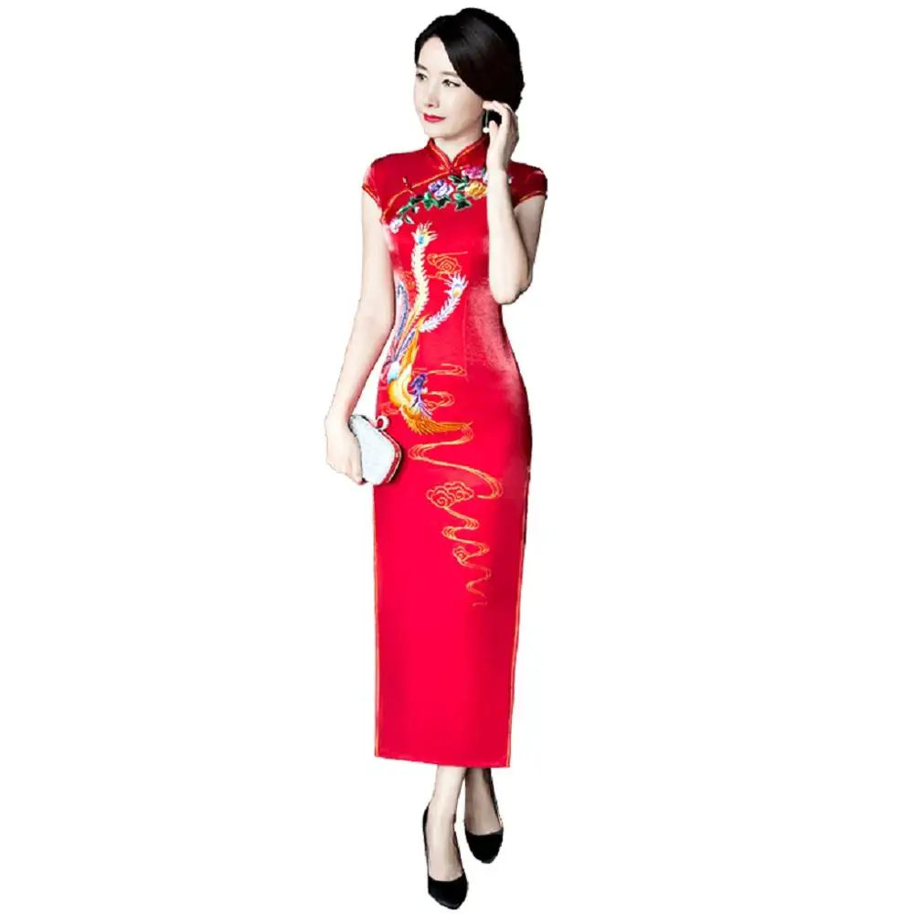 Шанхай история Феникс струйная печать оригинальные платья Ципао женское традиционное платье ручной работы Чонсам длинное китайское платье красный - Цвет: Красный