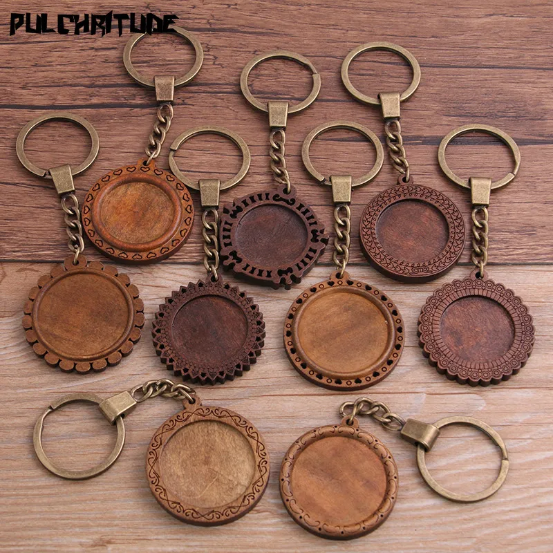 

PULCHRITUDE 2pcs Round Wood Cabochon Settings Metal Keyring Accessories Diy Blank Wooden Base Trays For Bronze Key Chain P6953