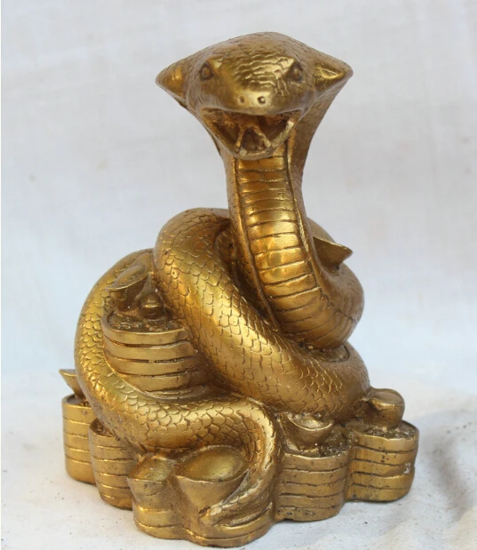 

7" Chinese Fengshui animal Pure Brass Zodiac Year Snake cobra wealth Statue