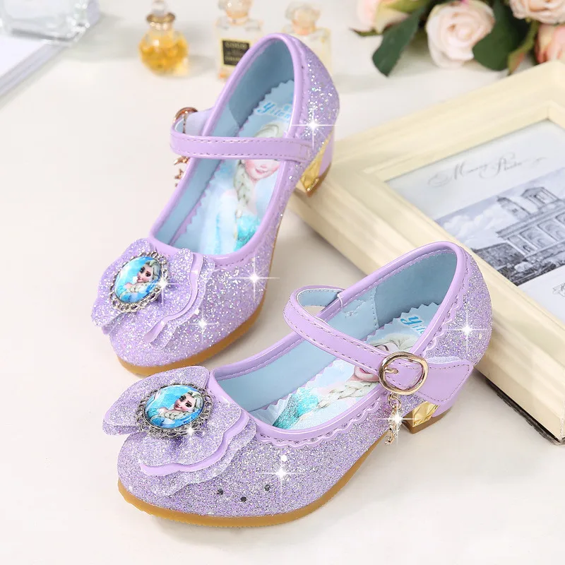 Детская кожаная обувь для девочек с изображением Принцессы Диснея из мультфильма «Холодное сердце»; Повседневная блестящая детская обувь на высоком каблуке для девочек; цвет синий, розовый, серебристый - Цвет: Purple