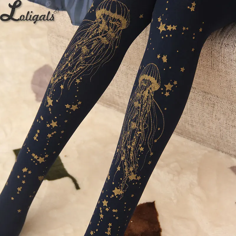 

Sweet Jellyfish Printed Lolita Pantyhose Mori Girl Blue / Black Patterned Tights