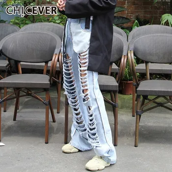 

CHICEVER Summer Denim Trousers For Women Jeans Sexy Hole Loose Casual High Waist Straight Pants Female Fashion New 2020