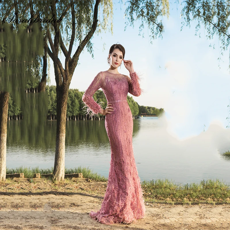 

Robe De Soiree Mermaid Evening Dress Crystal Beaded Luxurious Long Sleeves Zipper O Neck Formal Party Gowns In Stock WT5479