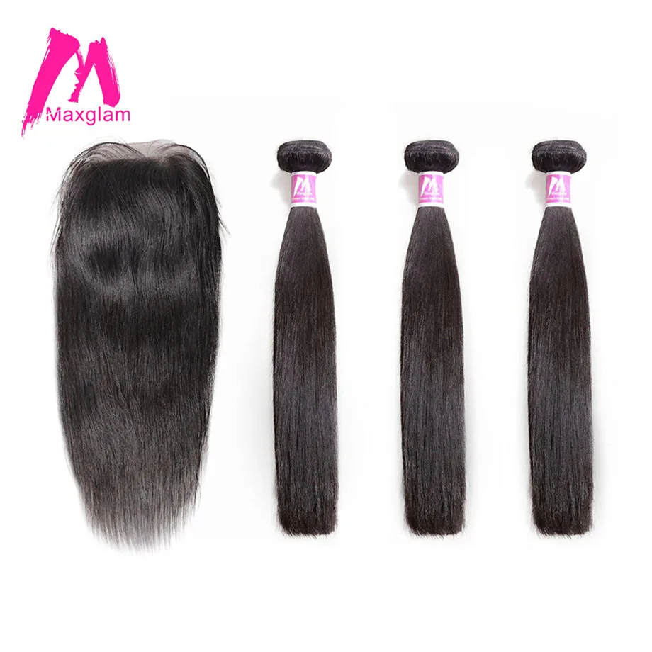 

Maxglam Brazilian Human Hair Bundles with Closure Straight 3 Hair Bundles with Closure Remy Hair Extension Free Shipping