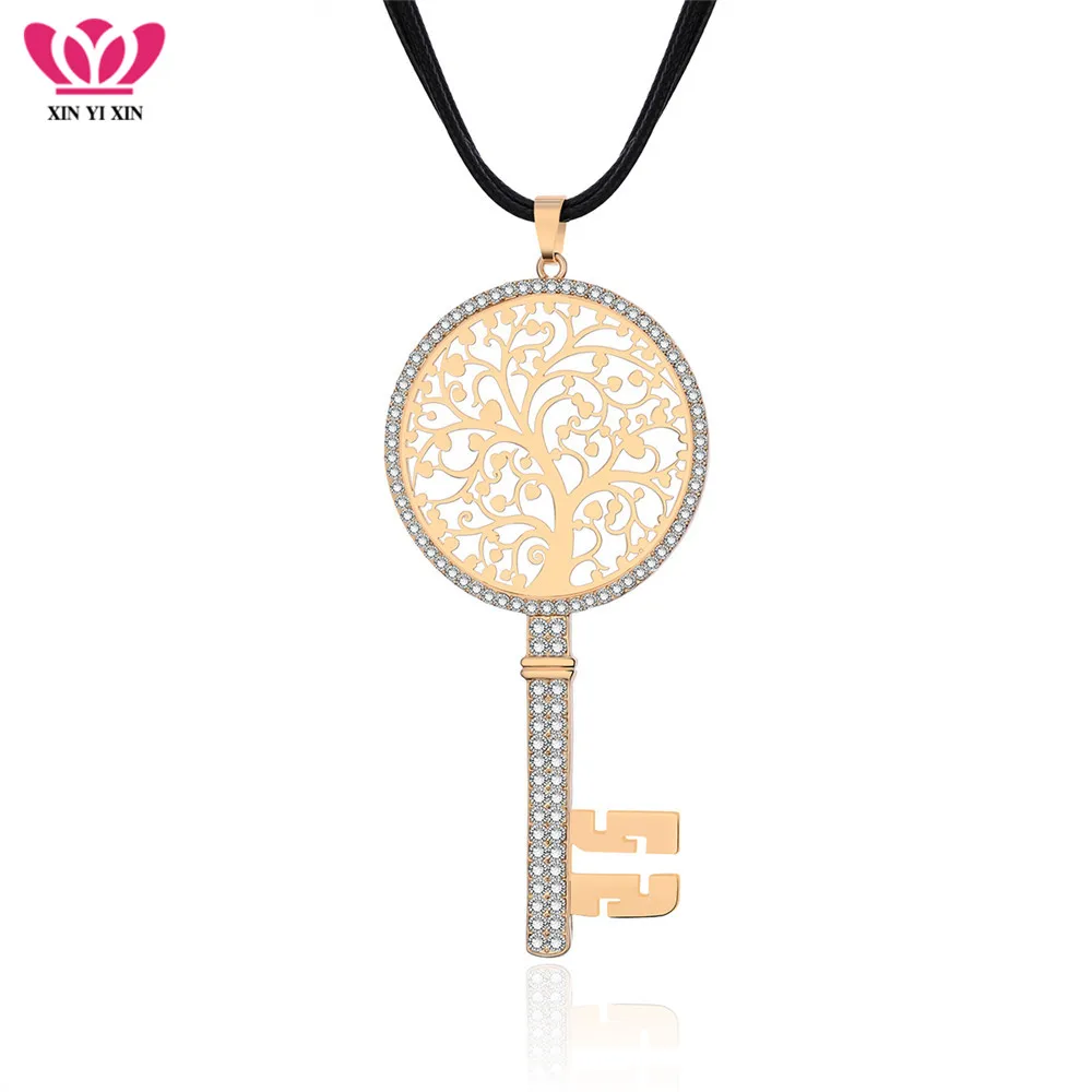 

Tree of life Crystal Key Big Pendant Necklace for Women 3 Leather Chains Long Sweater Jewelry Girl Christmas Halloween Gift