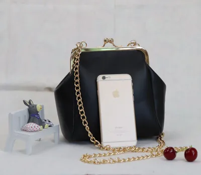 Женская Классическая винтажная черная сумка через плечо из искусственной кожи на цепочке с замком Kiss для женщин - Цвет: gold hardware