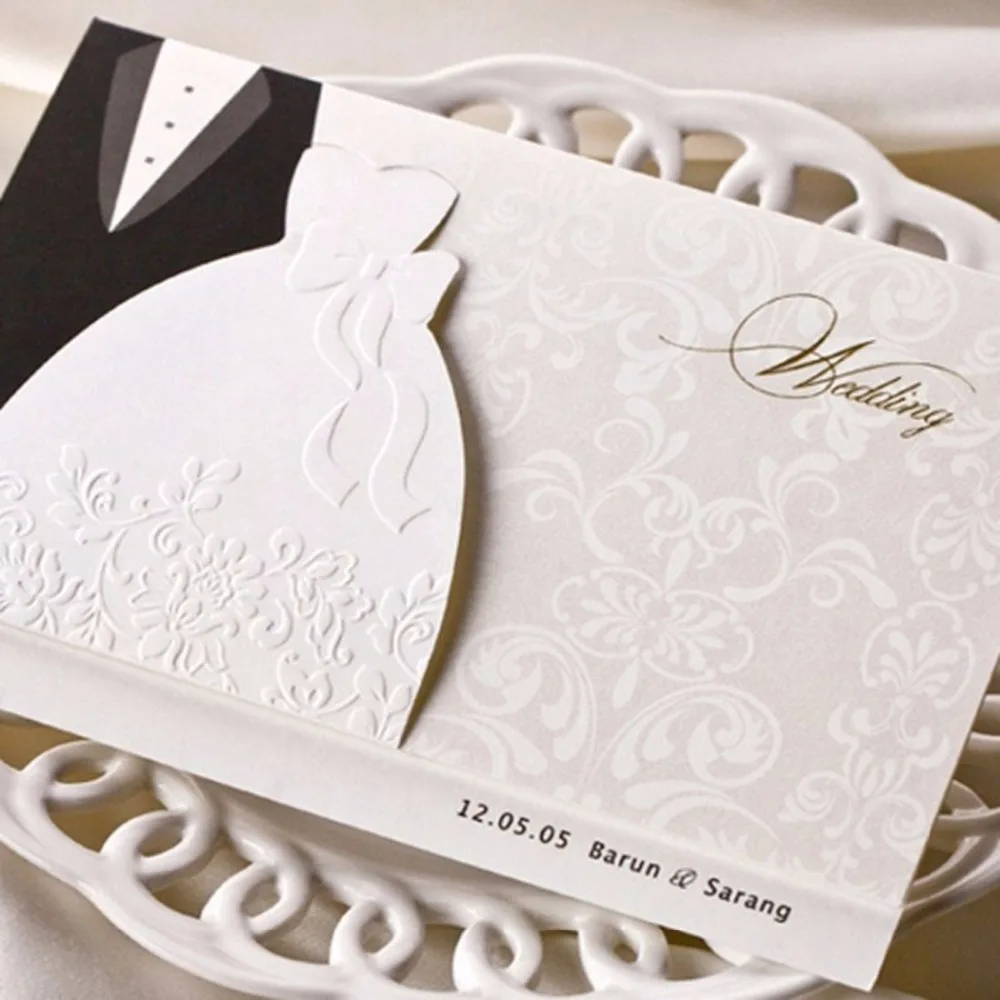 

100PCS Wedding Invitations Cards with Groom and Bride Evening Dress Blank Card for Elegant Marriage, Free Printable BH2046