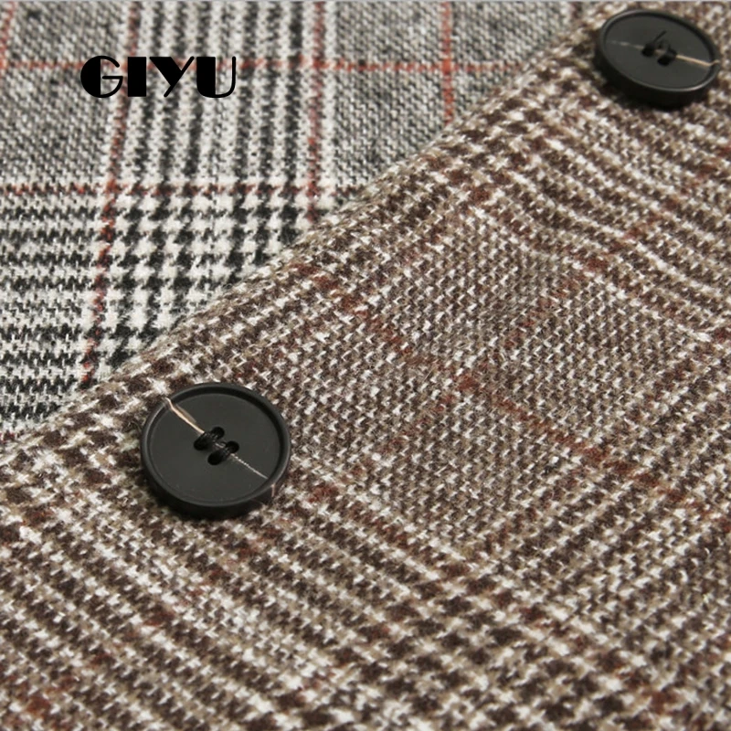 GIYU Spring Autumn Women Plaid Printing Blazer Long Sleeve Jackets Pockets Sexy Tops Casual Single Breasted camiseta mujer