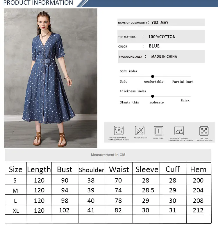 Летнее платье Yuzi. Мая Boho новые джинсовые женские платья с v-образным вырезом однобортное с поясом с коротким рукавом Vestidos A82179 Vestido