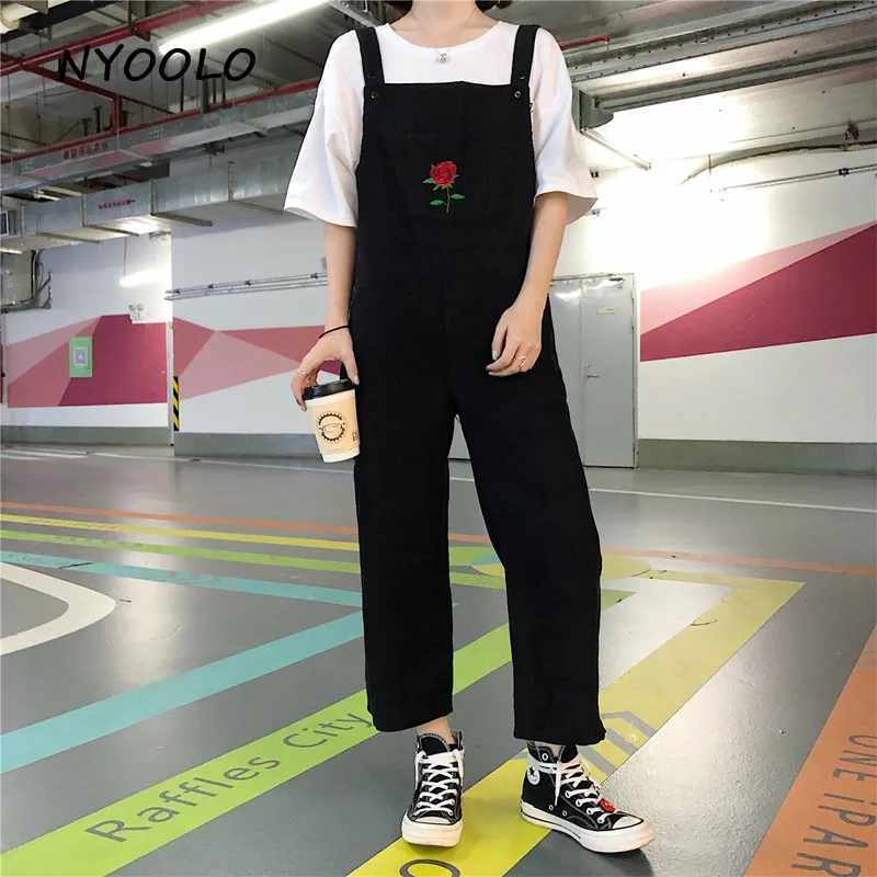 

NYOOLO Spring summer Rose embroidery Overalls dungarees Oversize Rompers Women Jumpsuit Strap Tracksuit ankle-length Playsuit