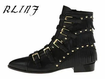 

RLINF New Fringed Boots Fashion Booties Square Heel Low Heel Women's Boots