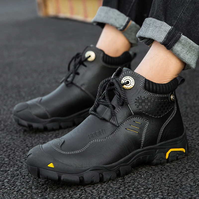 Genuine Leather Men Autumn Winter Warm Plush Work Boots Ankle Riding Boots Outdoor Working Snow Boots Men Oxfords Shoes