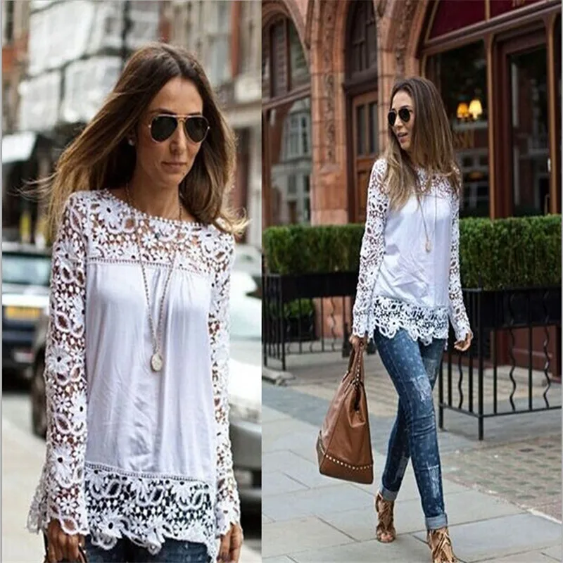 

Sexy Hollow Out Solid Lace Blouse Shirt Women Elegant Long Sleeve Spring Summer Blouses Female Casual Long Sleeve Tops Blusa