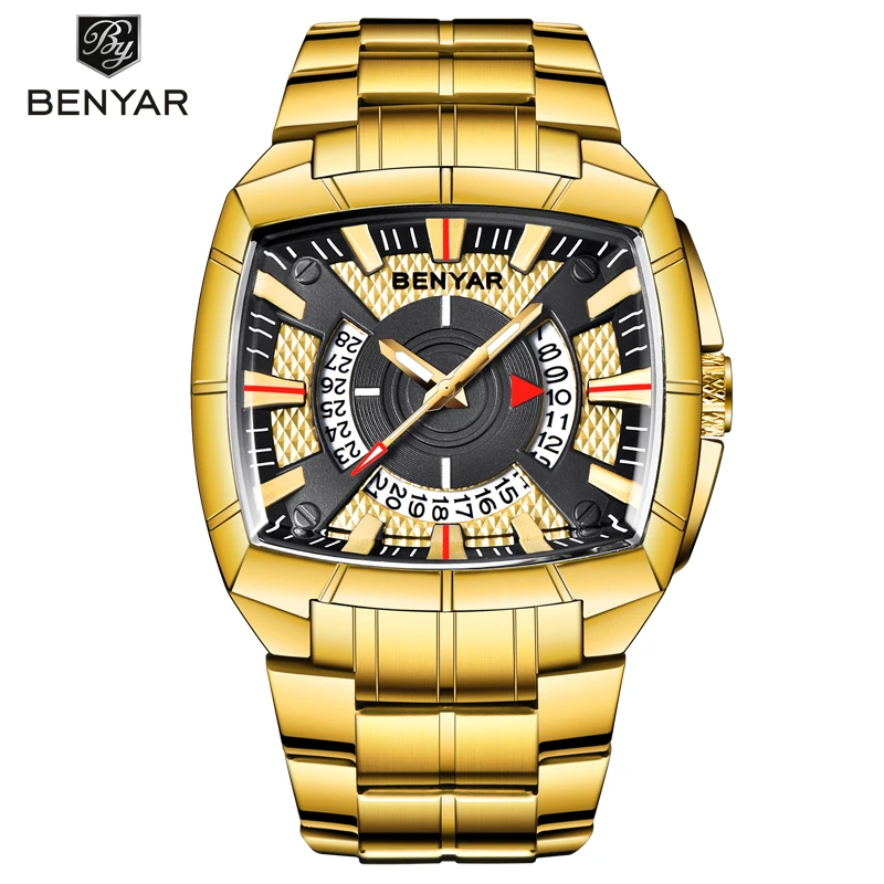 BENYAR الرجال ووتش الأعمال الذهبي الفولاذ المقاوم للصدأ الرجال الكوارتز الرياضة الساعات الأزياء أعلى العلامة التجارية الإبداعية للماء المعصم