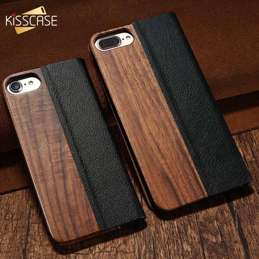 Kisscase природа древесины бамбука кожаный чехол для iPhone X 8 7 6 S Plus Flip Стенд ретро